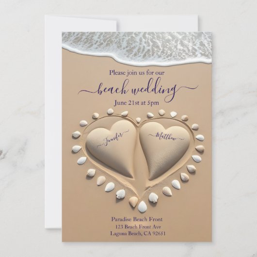 Invitation Coeurs de sable de plage (Devant)