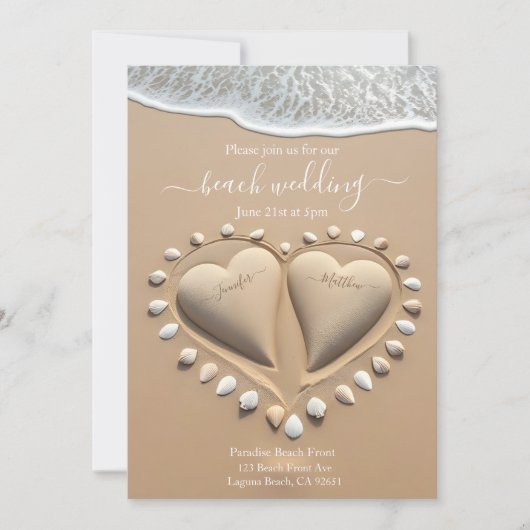 Invitation Coeurs de sable de plage (Devant)