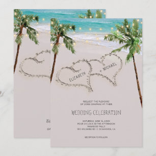 Invitation Cœurs de sable de plage Palmier tropical   Mariage