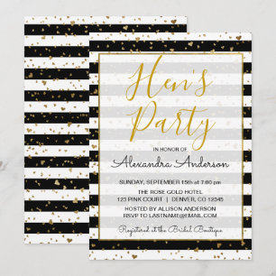 Invitation Coeurs d'huile d'or noir et blanc Hen's Party