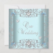 Invitation Coeurs Diamants turquoises Blue Mariage damassé Si (Devant)
