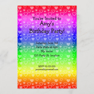 Invitation Coeurs d'invitation d'anniversaire arc-en-ciel