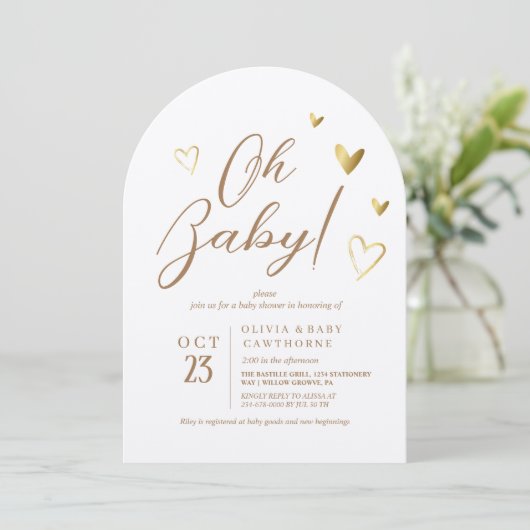 Invitation Coeurs d'or moderne Neutre Oh Baby shower (Debout devant)