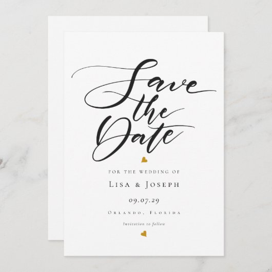 Invitation Coeurs d'or noir et blanc Script Enregistrer la da (Devant / Derrière)