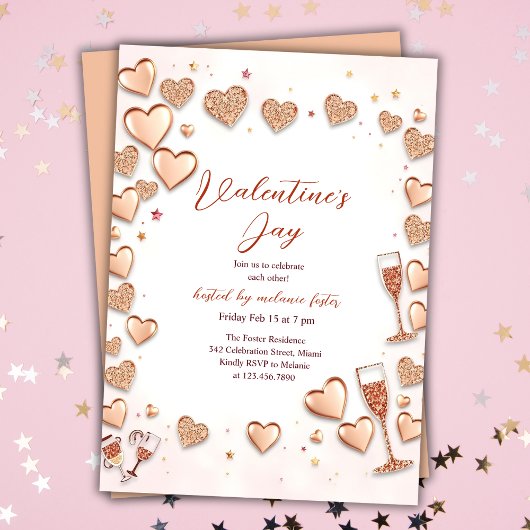 Invitation Coeurs d'or rose Champagne Saint Valentin