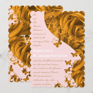 Invitation Coeurs d'or rose et Mariage Rose