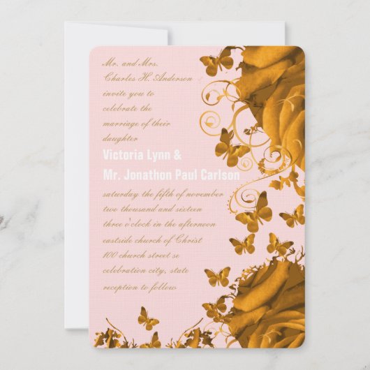 Invitation Coeurs d'or rose et Mariage Rose (Devant)