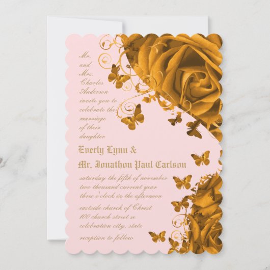 Invitation Coeurs d'or rose et Mariage Rose (Devant)