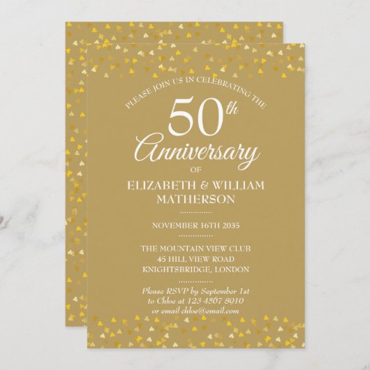 Invitation Cœurs Dorés 50e Anniversaire (Devant / Derrière)
