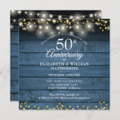 Invitation Cœurs dorés 50e anniversaire sur bois rustique ble (Devant / Derrière)