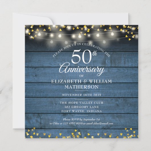Invitation Cœurs dorés 50e anniversaire sur bois rustique ble (Devant)