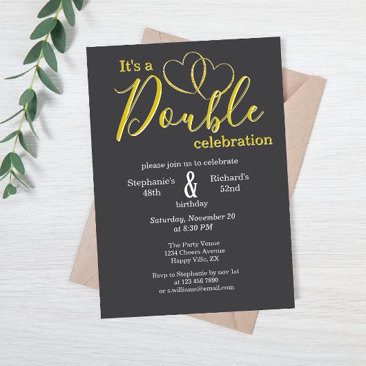 Invitation Coeurs élégants Noir Or Jour d'anniversaire conjoi