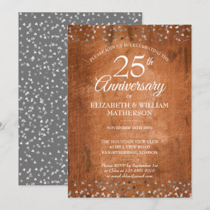 Invitation Cœurs en Argent Rustique Vintage Bois 25e Annivers