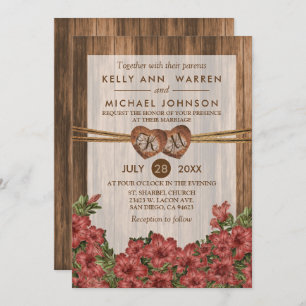 Invitation Coeurs en bois de Monogramme avec napperons Roses 
