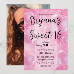 Invitation Cœurs en bulles roses, fête d'anniversaire girly m