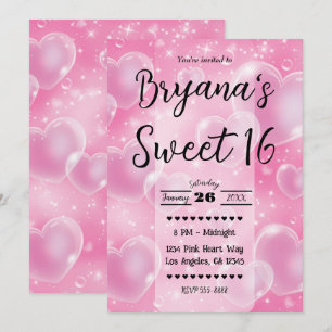 Invitation Cœurs en bulles roses, fête d'anniversaire girly m