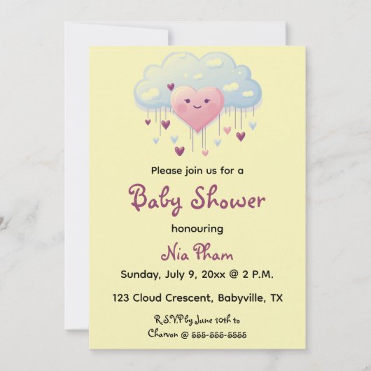 Invitation Coeurs et Baby shower nuageux modifiables (Devant)