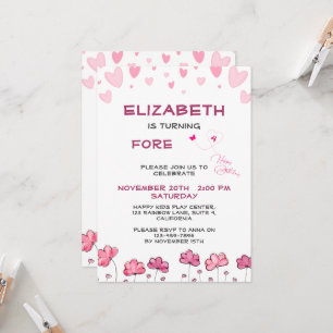 Invitation Coeurs et fleurs roses personnalisables Anniversai