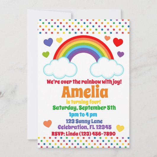 Invitation Coeurs et points arc-en-ciel Filles Anniversaire (Devant)