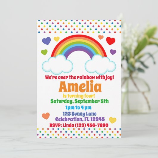 Invitation Coeurs et points arc-en-ciel Filles Anniversaire (Debout devant)