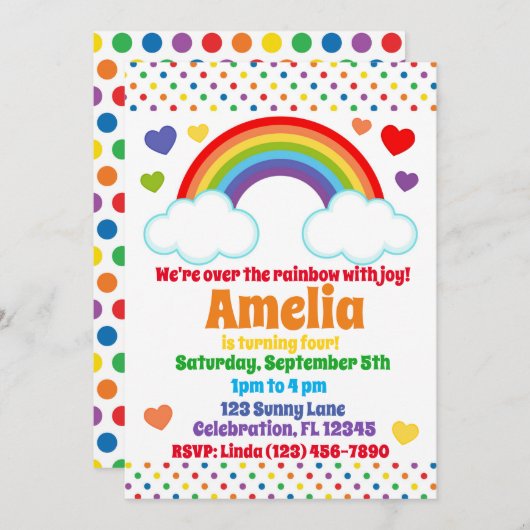 Invitation Coeurs et points arc-en-ciel Filles Anniversaire (Devant / Derrière)