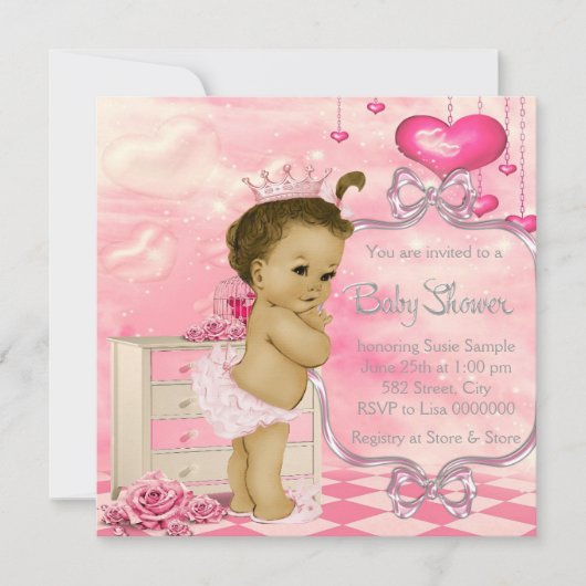 Invitation Coeurs et Rose Baby shower rose et vert (Devant)