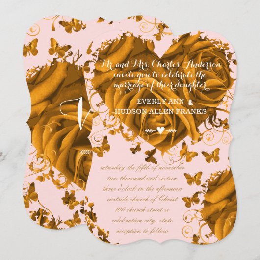 Invitation Cœurs et Roses uniques Rose Gold Mariage (Devant / Derrière)
