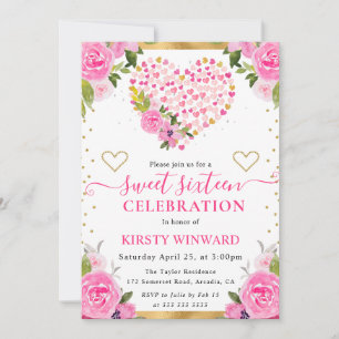 Invitation Cœurs Fleurs Or Rose Aquarelle Sweet 16