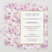Invitation Cœurs Fleurs Roses Violettes Anniversaire (Devant / Derrière)