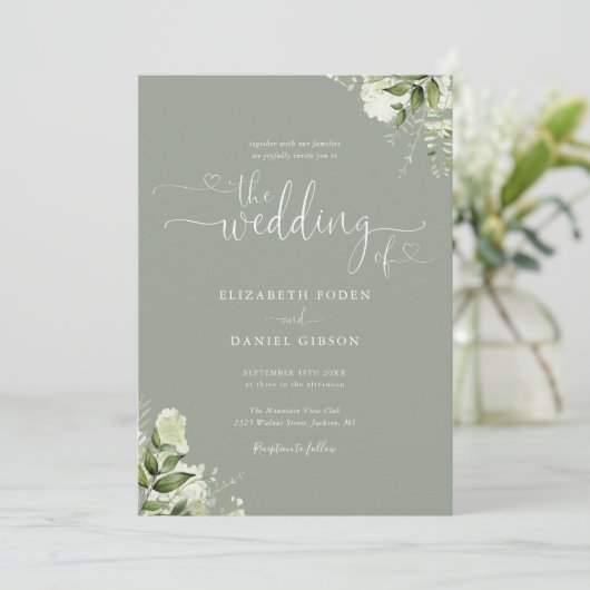Invitation Coeurs floraux vertes Script Sage Green Mariage (Debout devant)