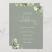 Invitation Coeurs floraux vertes Script Sage Green Mariage (Devant / Derrière)
