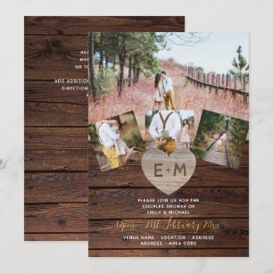 Invitation Coeurs gravés en bois rustique COLLOGE PHOTO pour