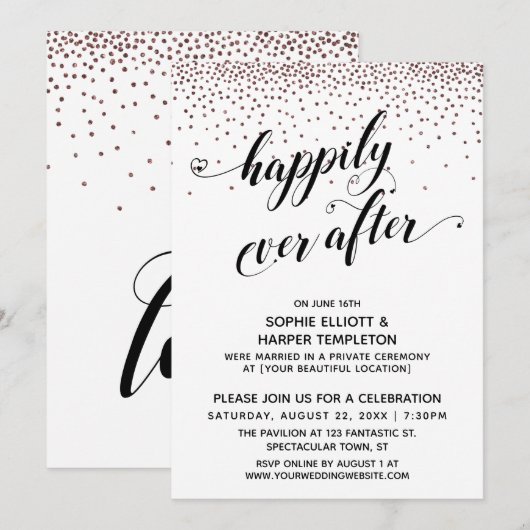 Invitation Cœurs Happily Ever Ever Script Rose Gold Confetti (Devant / Derrière)