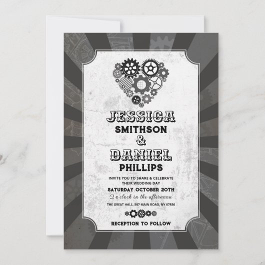 Invitation Coeurs Mariages Steampunk Coeurs Cogs Rétrofuturis (Devant)
