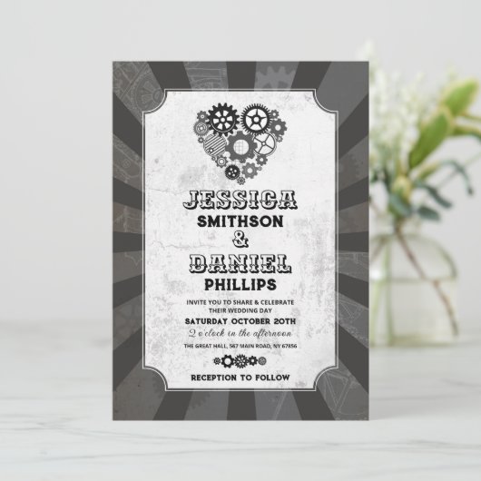 Invitation Coeurs Mariages Steampunk Coeurs Cogs Rétrofuturis (Debout devant)
