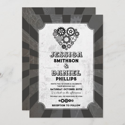 Invitation Coeurs Mariages Steampunk Coeurs Cogs Rétrofuturis (Devant / Derrière)