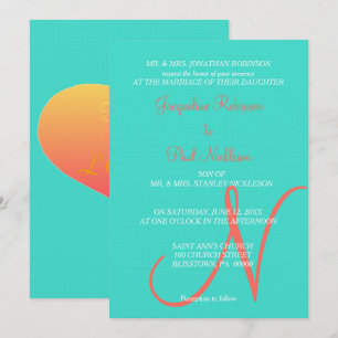 Invitation Cœurs Monogramme Turquoise