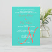 Invitation Cœurs Monogramme Turquoise (Debout devant)