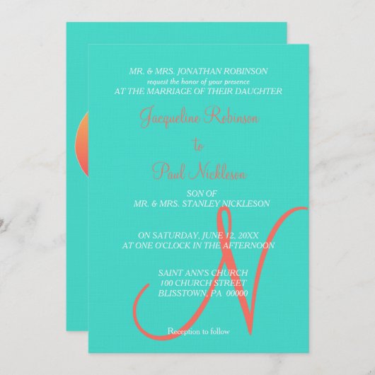 Invitation Coeurs Monogrammes Turquoise (Devant / Derrière)