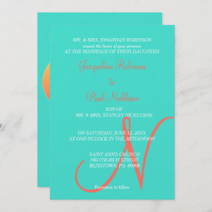 Invitation Coeurs Monogrammes Turquoise
