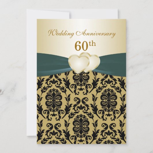 Invitation Cœurs noirs en damas or pour les 50 ans de mariage (Devant)
