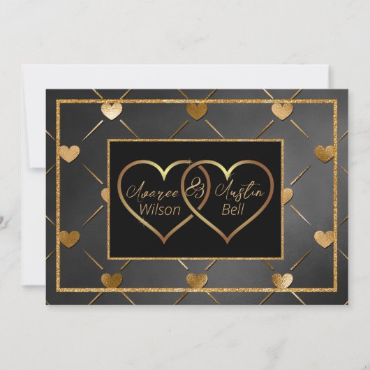 Invitation Cœurs noirs et or élégants (Devant)