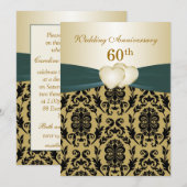 Invitation Cœurs noirs or de Damas 50e anniversaire de mariag (Devant / Derrière)