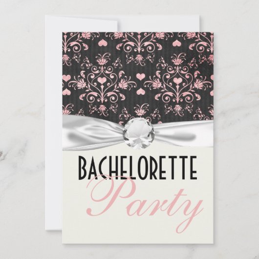 Invitation coeurs noirs roses damask bachelorette (Devant)