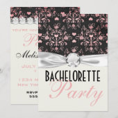 Invitation coeurs noirs roses damask bachelorette (Devant / Derrière)