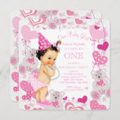 Invitation Coeurs nounours Filles 1er anniversaire (Devant / Derrière)