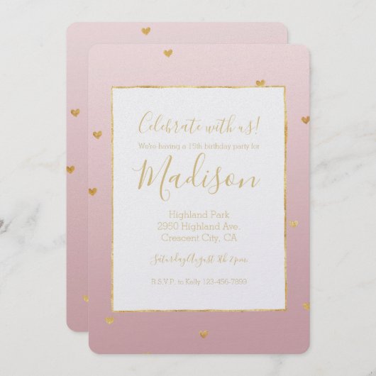 Invitation Coeurs Ombres dorés rose (Devant / Derrière)