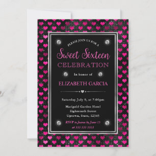 Invitation Cœurs Pailletés Rose et Noir pour un Sweet Sixteen