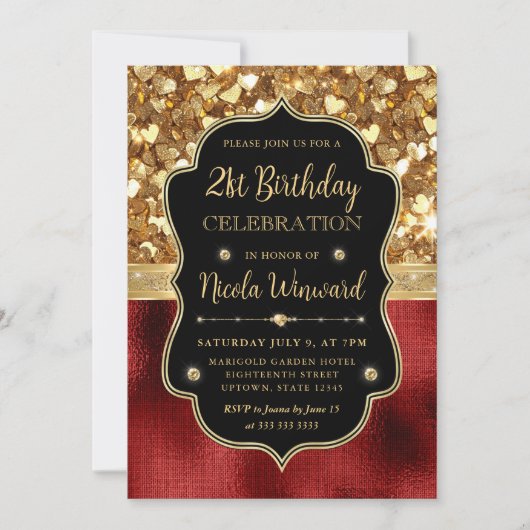Invitation Cœurs Pailletés Rouges et 21e Anniversaire en Papi (Devant)