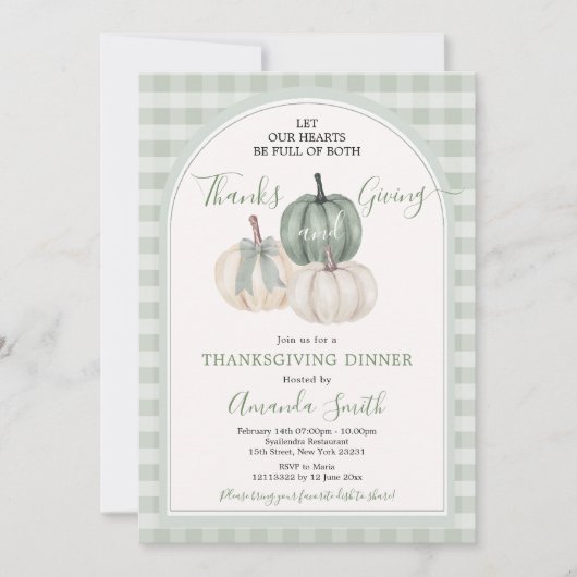 Invitation Coeurs pleins de Merci Donnant Sage Green Diner (Devant)